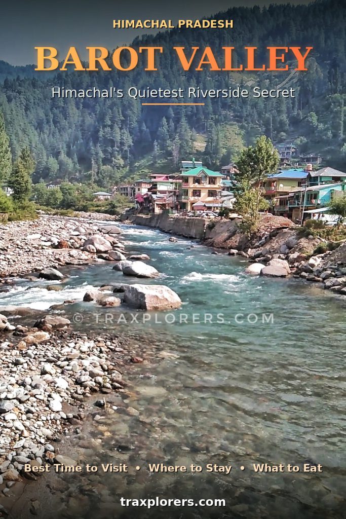 Riverside view of Barot Valley in Himachal Pradesh with the Uhl River flowing through a green mountain landscape near Mandi. @traxplorers #traxplorersblogpost